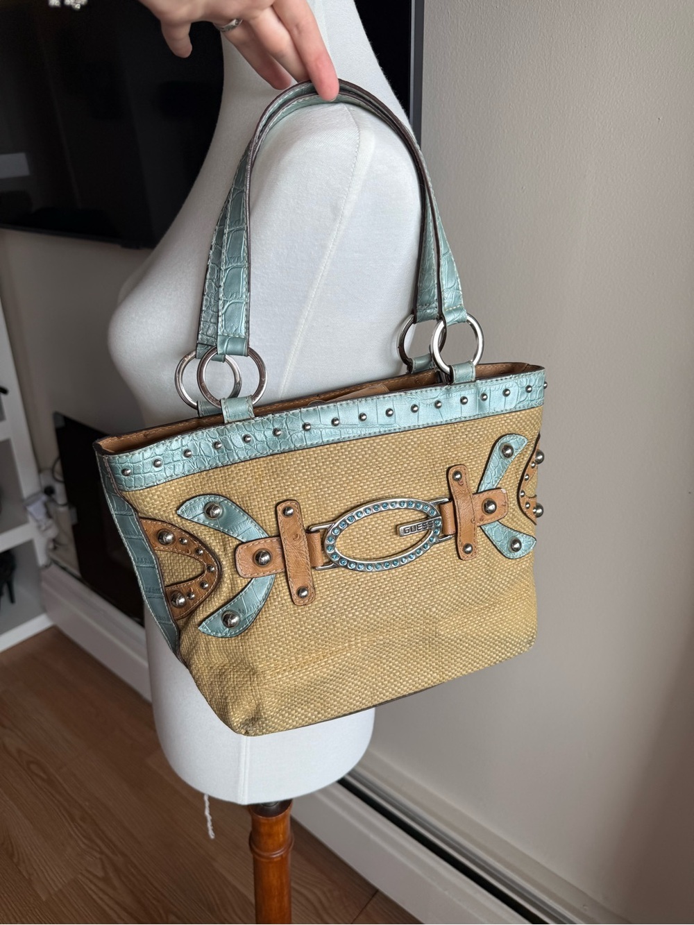 Guess Beige and Teal Studded Shoulder Bag